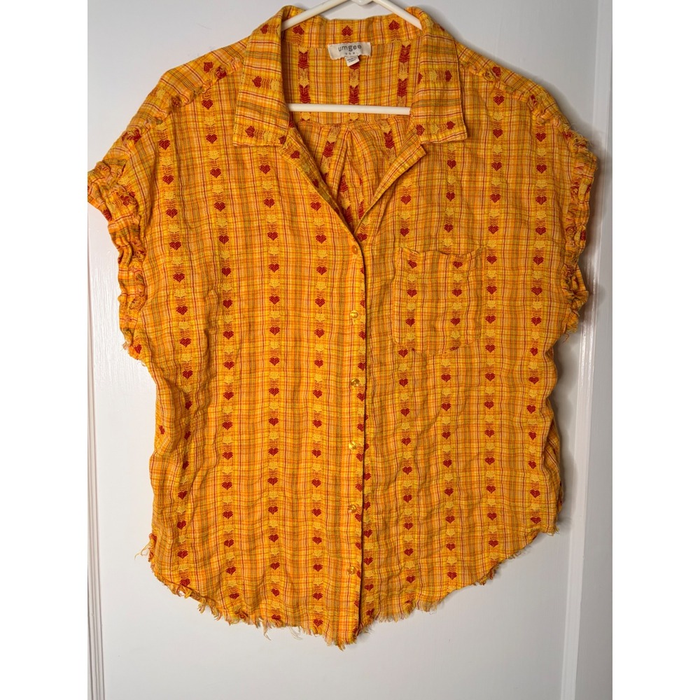 Umgee USA Yellow Orange Plaid Heart Embroidered‎ Raw Hem Button Down Top A0848 M